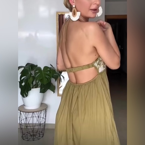 KHAKI BEADED MIDI CROCHET DRESS - Picture 3 of 8